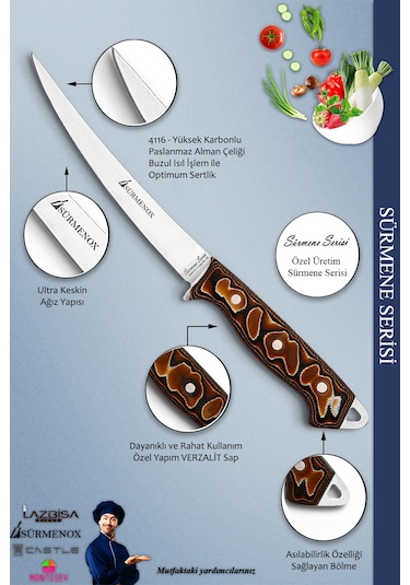 Sürmene Serisi Mutfak Fileto Bıçağı Steak Bıçak Et Balık Tavuk Fileto Bıçağı Kahverengi Mft-208 Kahverengi