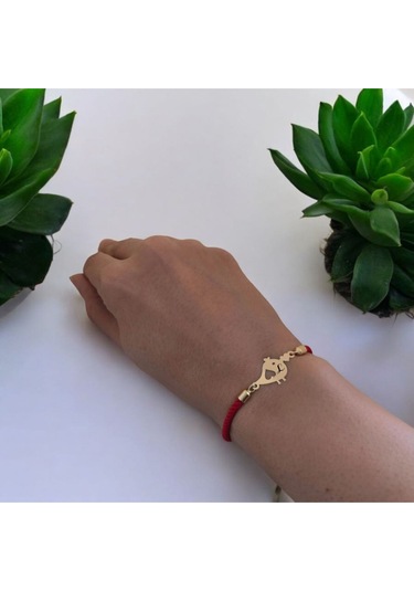 Archin L Harfine Özel Kırmızı Örgülü 14 Ayar Altın Plakalı Minik Kuş Motifli Hediye Bileklik-363harf L