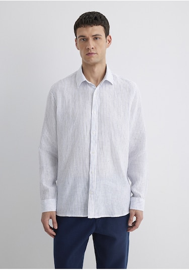 Mavi - Çizgili Keten Gömlek 0211634-90795 Renkli