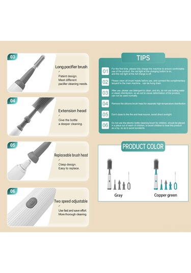 Xindoker Elektrikli Biberon Fırçası Seti - 6 Parça Yenidoğan Ve Anneler İçin Hızlı Temizleme Modlu
