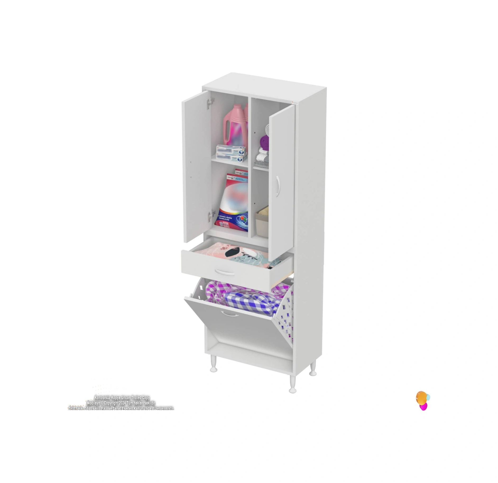 Yeni Kayra Tek Çekmece, 1 Göz Sepet, 2 Kapak, 4 Raf Dar Alan Banyo Dolabı 60x173x32,5 Cm Beyaz