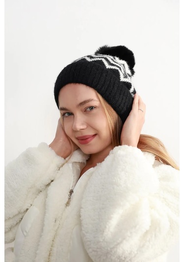 Zigzag Desenli Kadın Bere Rkş-19 Beyaz Siyah Siyah