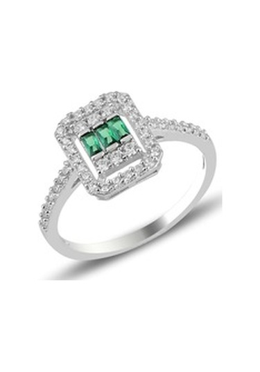 Gümüş Beyaz Altın Rodyumlu Baget Kesim Kök Zümrüt Taşlı Çizgili Ü