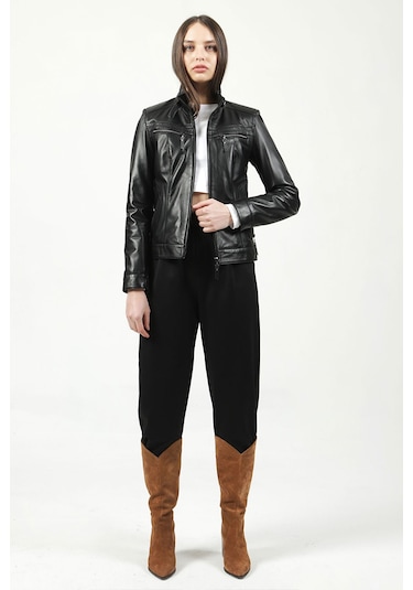 Dericlub Yb-2107 Gerçek Deri Kadın Mont Siyah