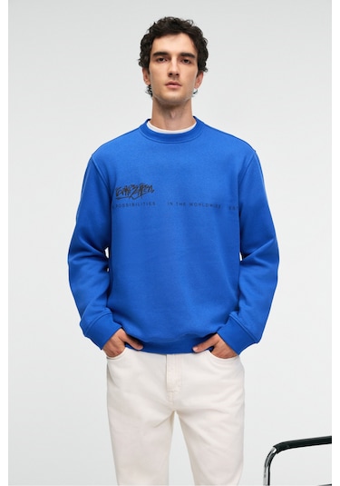 Grimelange IRVING Erkek Yuvarlak Yaka Göğsü Ve Önü Regular Fit Mavi Sweatshirt