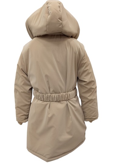 Kız Çocuk Önü Gipeli Kemerli Kapüşonlu Fermuar Çıtçıt Kapama Peluş Astarlı Açık Kahve Midi Boy Mont Açık Kahverengi