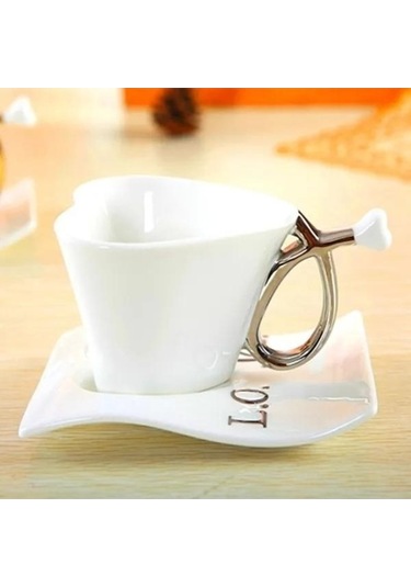 Createtech Mavi Kalp Şeklinde Bardak Set, Sevgililer Günü Hediyesi, Fincan Ve Süt Kaşığı İle Sıcak Kahve Mavi