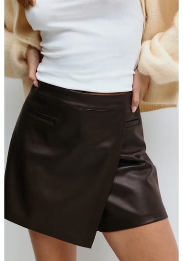 Kahverengi Kadın Deri Şort Etek Mg2521 Kahverengi