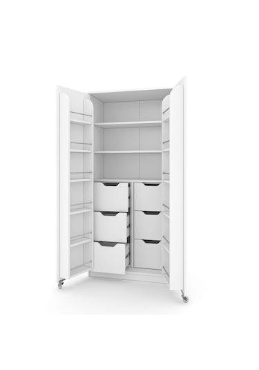 90 Derece Açılabilir 2 Kapaklı, 6 Çekmeceli, Kavanoz Raflı Kiler Ve Erzak Mutfak Dolabı Beyaz