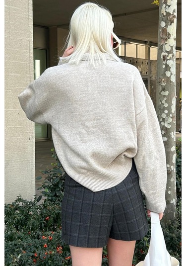 Madmext Bej Düğmeli Polo Yaka Kadın Kazak Mg2307 Bej