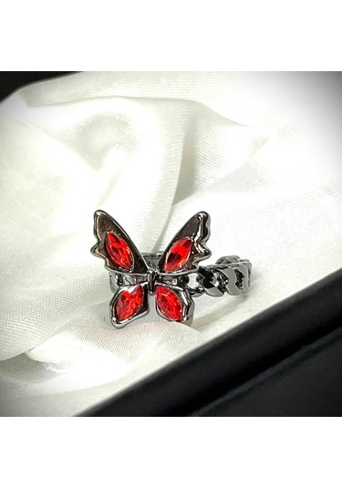Dükkan Design Kırmızı Taşlı Kelebek Yüzük Antrasit