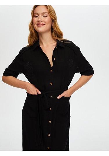 Püskül Şerit Detaylı Kendinden Dokulu Elbise S25elb037 Us25elb03710 Siyah