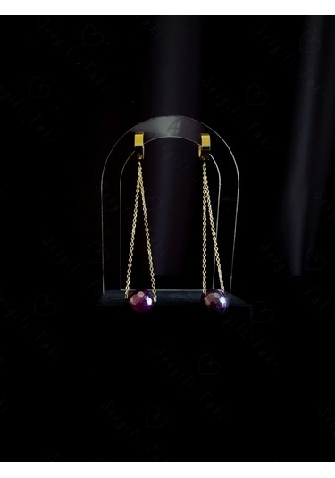 Akik Doğal Taşlı Gold Çelik Küpe -doğa Serisi Altın