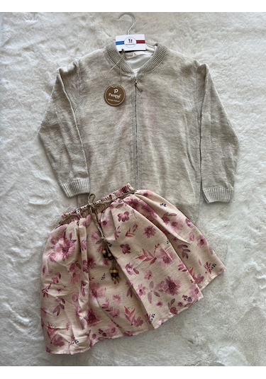 Pamuk Ceketli Üç İplik Dijital Etekli Üçlü Takım Pembe