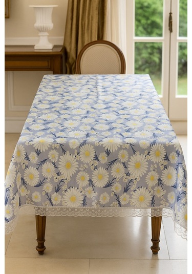 Açık Mavi Papatyalı Masa Örtüsü Su Geçirmez, Silinebilir Şık Dikdörtgen Model Mavi