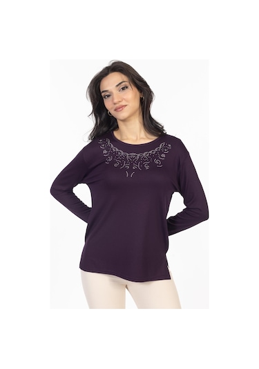 Yeni Model Taş İşlemeli Yuvarlak Yaka Likralı Anne Penye Bluz 6420-mürdüm