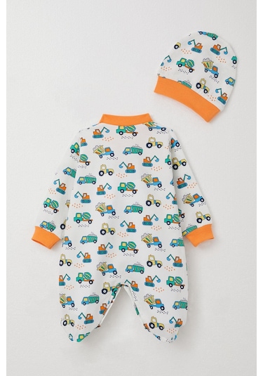 Breeze Erkek Bebek Patikli Tulum İş Makinaları Desenli 0-6 Ay, Beyaz Beyaz