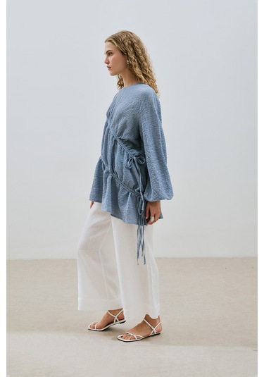Büzgü Bağlamalı Dokulu Tunik Mavi Mavi