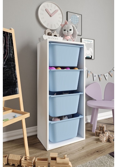 %100 Mdf - Large Mono 4 Büyük Sepetli Oyuncak Dolabı Mavi