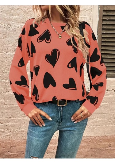 Leyla Sanat Sanata Yeni Bir Bakış Açısı Kadın Uzun Kollu Bisiklet Yaka Kalp Desenli Iki Iplik Bluz Turuncu