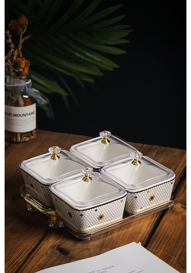 4'lü Emillia Porselen Lüks Kare Kahvaltılık Saklama Kabı Çerez Reçel Kahvaltılık 4'lü Sunum Tabağı Beyaz