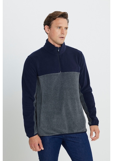 AC&Co / Altınyıldız Classics Erkek Lacı A.melanj Anti-pilling Tüylenme Yapmayan Standart Fit Bato Yaka İçi Polarlı Çift Renk Polar Sweatshirt Lacivert