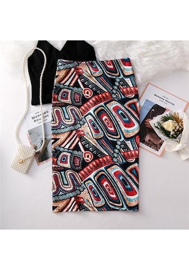 Kırmızı Yaz Baskı Zarif Kalem Etek Kadın Yüksek Bel Diz Boyu Etek Kadın Kırmızı