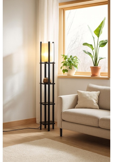 Modern Metal Gövdeli-raflı Dekoratif Ayaklı Lambader 22x22x145 Krem