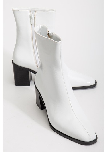 Beyaz Kadın Kalın Topuklu Bot Rugan Küt Burun Yüzüdüz-4257 Beyaz
