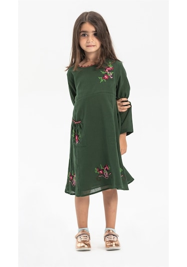 Uzun Kol Şile Bezi Burçak Çocuk Elbise Yeşil