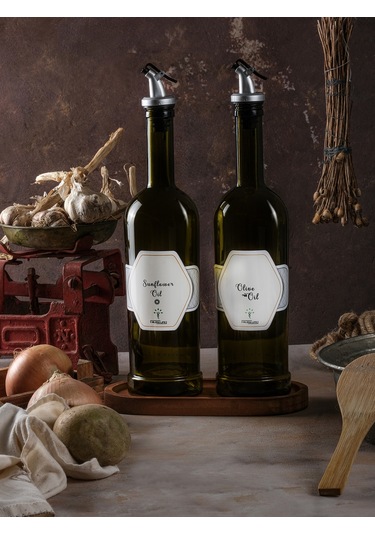 Ahşap Stantlı Amber 2'li 750 ml Zeytinyağı ve Sıvıyağ Yağdanlık Şişesi Ayçiçekyağı,Yağlık da