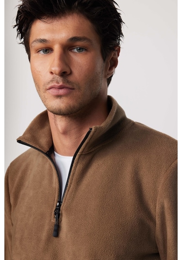 Tudors Erkek Dik Yaka Tüylenme Yapmayan Soğuk Geçirmez Standart Fit Rahat Kesim Haki Polar Sweatshirt -30141-haki Haki