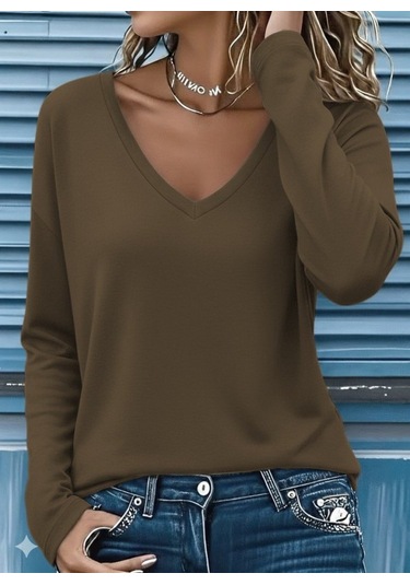 Tua Moda Kadın Uzun Kollu V Yakalı Viskon Iki Iplik Bluz SÜTLÜ KAHVE