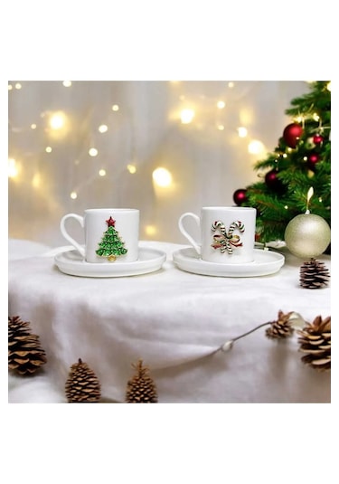 2 Kişilik Porselen Metal Figürlü Kahve Fincan Takımı Seti Hediyel