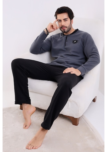 Falkon 7202 Polar Kışlık Erkek Ev Pijama Takımı Uyku Takımı Gri