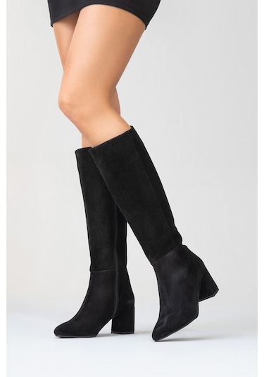 Sejas Siyah Hakiki Deri Süet Kadın Topuklu Çizme Siyah Süet