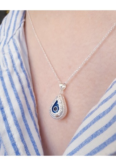 925 Ayar Gümüş Damla Model Nazar Boncuklu Gümüş Kolye