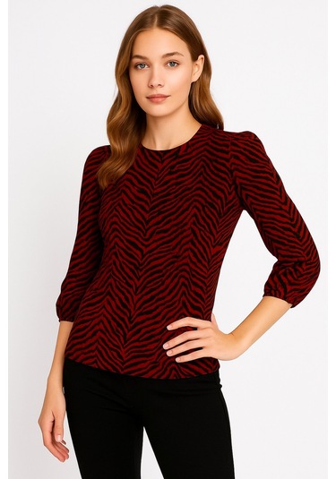 Kadın Bisiklet Yaka Esnek Desenli Spor Şık Truvakar Kol Bluz Bordo