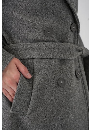 Kadın Kuşaklı Kaşe Kaban 9161 - Gri Gri