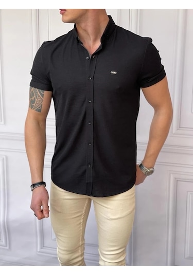 Modefendi Slim Fit Pamuk Örme Polo Yaka Kısa Kollu Gömlek Siyah