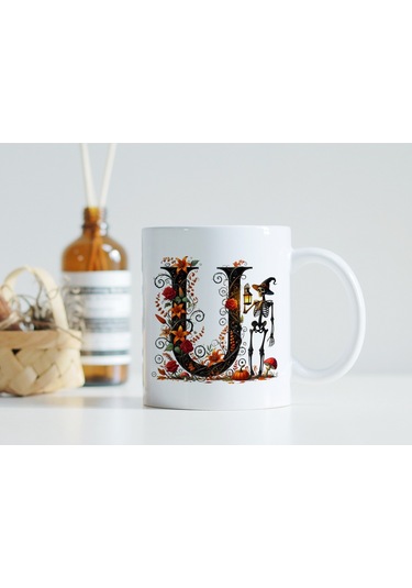 U Harfi Şapkalı İskelet Figürlü Ve Çiçekli Kupa Bardak - Cadılar Bayramı / Halloween Özel Hediye Beyaz