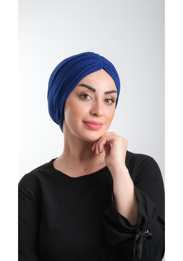 Saks Mavisi Pratik Hazır Geçmeli Tesettür Bone Fukuro Simli Büzgü Çok Renkli