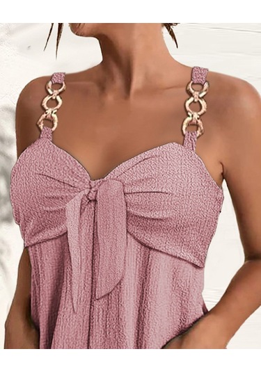 Ahes Shopping Kadın Kolsuz Askı Aksesuarlı Önü Bağlama Detay Salopet Şort Tulum Pembe