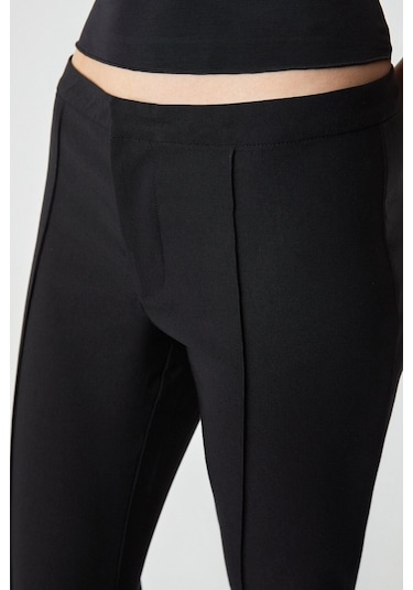 GRIMELANGE Efılıus Kadın Slim Geniş Paça Fermuarlı Siyah Pantolon Siyah