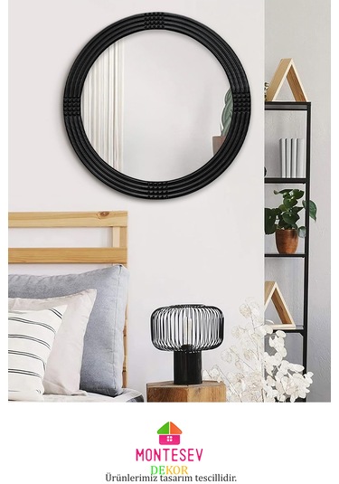 Safir Ahşap Siyah Yuvarlak Ayna Işlemeli Duvar Banyo Aynası 69 Cm