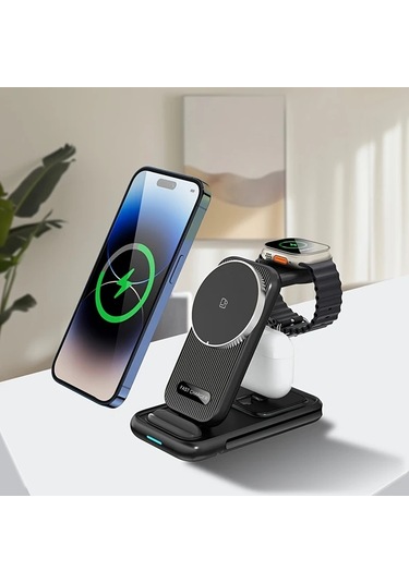 Motion003 Taşınabilir Çok Fonksiyonlu Katlanabilir Usb C Kablosuz Şarj Standı Siyah Telefon Tablet Akıllı Saat
