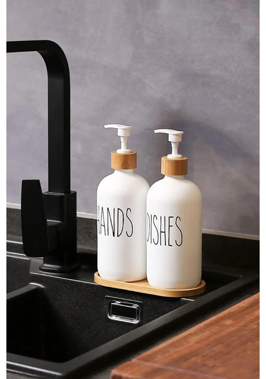 Beyaz Cam İkili Sıvı Sabunluk Seti 500 Ml Bambu Altlıklı Beyaz