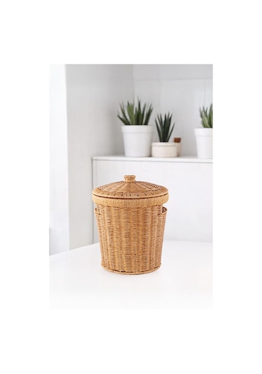 3'lü Hasır Kapaklı Patates Soğan Sepeti Seti Rattan Görünümlü Çok Amaçlı Mutfak Sepeti Kahverebgi