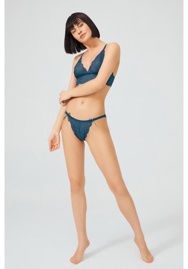 Tenan Yeşili Dantelli Transparan Balensiz Kadın Sütyen Takımı Tenan Yeşili