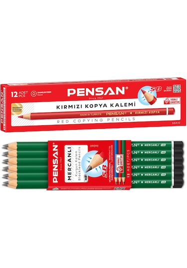 Pensan Mercanlı Kurşun Kalem Hb 12'li + Kırmızı Kopya Kalemi 12'li Siyah
